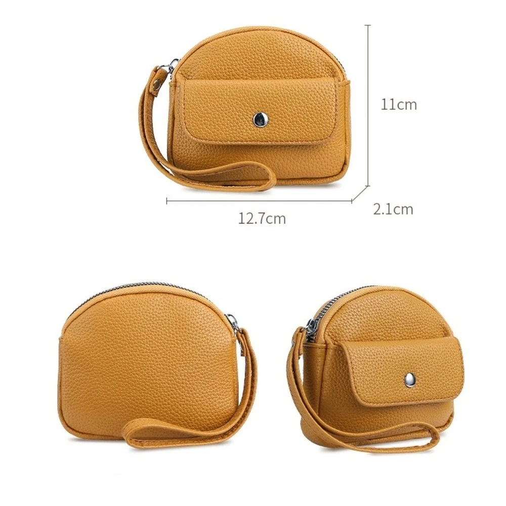 New PU Leather Coin Purse Solid Color Handheld Key Ring Wallet Zipper Closure Wrist Lanyard Credit Card Holder