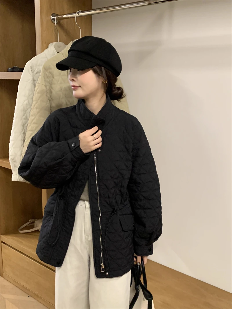 Korean Style Loose Casual Maternity Winter Coats Long Sleeve Zipper Fly Drawstring Waist Pregnant Woman Plaid Cotton Outwear