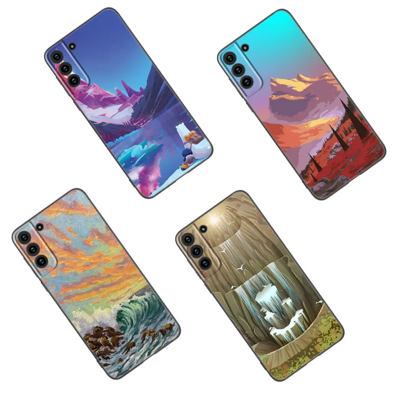 Custodia Per Telefono Paesaggistica Dipinta A Mano Per Samsung Galaxy S23 S22 S21 S20 Ultra Fe S10E S10 Lite S9 S8 Plus S7 S6 Edge Cover Nera