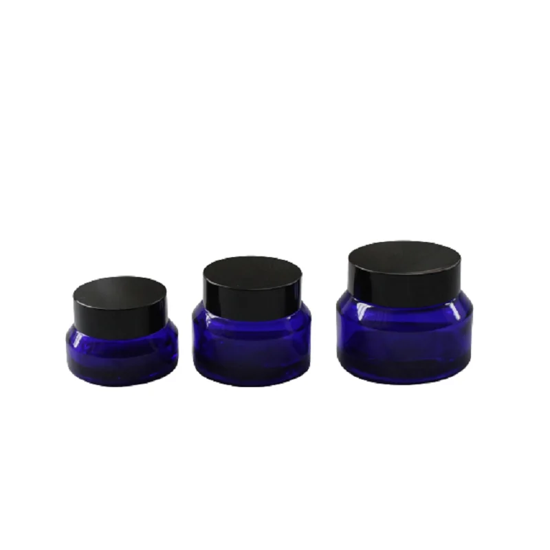 

10pcs 15G 30G 50G Clear Blue Glass Cream Jars Refillable Bottle Black Lid Empty Cosmetic Containers Facial Cream Pots