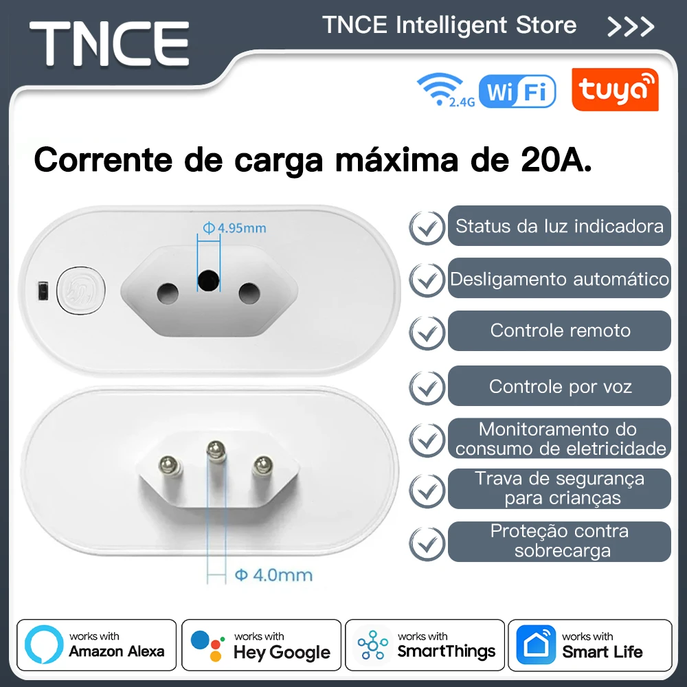 Адаптер TNCE Tuya Brazil Plug 16/20A, розетка WIFI або zigbee3.0 з монітором живлення, інтелектуальне керування розеткою, голосовий Google Home Alexa