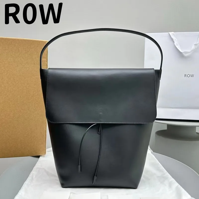 

ROW2024 Women's Bag Black Cowhide Simple Flap Large Capacity Nylon Drawstring Decorative Handbag Shoulder Bag