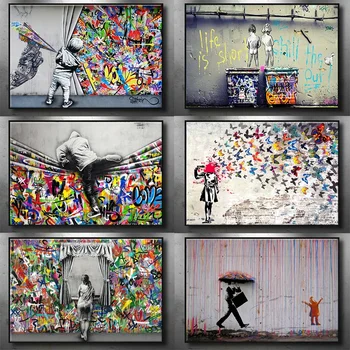 Banksy Graffiti Art toile peinture moderne rue Pop Art papillon cerveau fille affiches et impressions photos murales pour la décoration intérieure 1