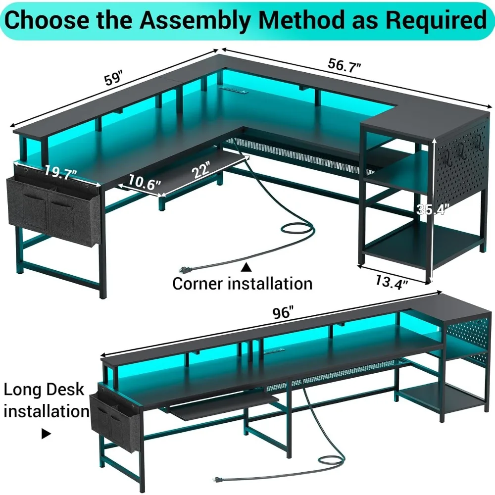 L Shaped Gaming Desk, Power Outlets & LED Strip, Monitor Shelf, Keyboard Tray, Pegboard and Storage Shelves, Reversible Desk 5