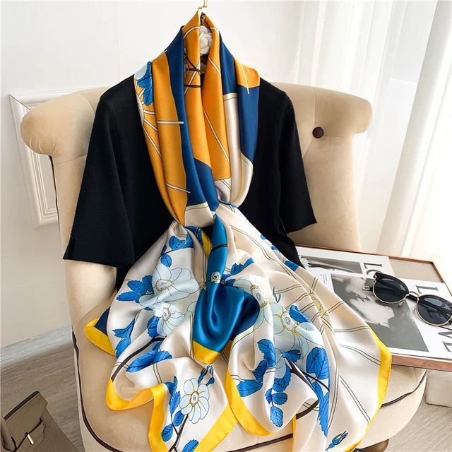 Fashion Silk Scarf Women Shawls Foulard Quality Soft Scarves Female 2022 Summer  Luxury Brand Beach Cover-ups Wraps Bandana 6