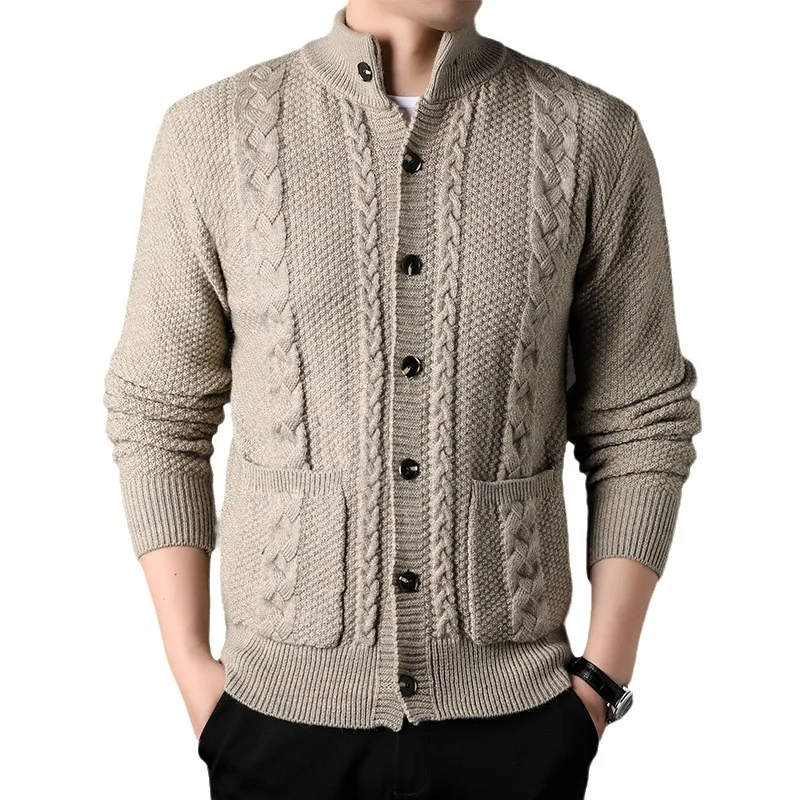 Mens Stand Collar Cardigan Sweaters 2023 Green Button Down Cable Knited Sweater Autumn Winter Fashion Solid Outwear with Pockets 2