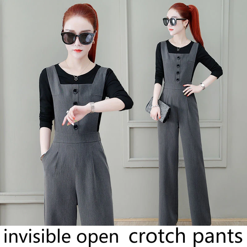 Open-Seat Pants Draping Wide Leg Suspender Pants Suit Female Invisible Zipper Outing Date Essential Artifact Sex Free Nightclub