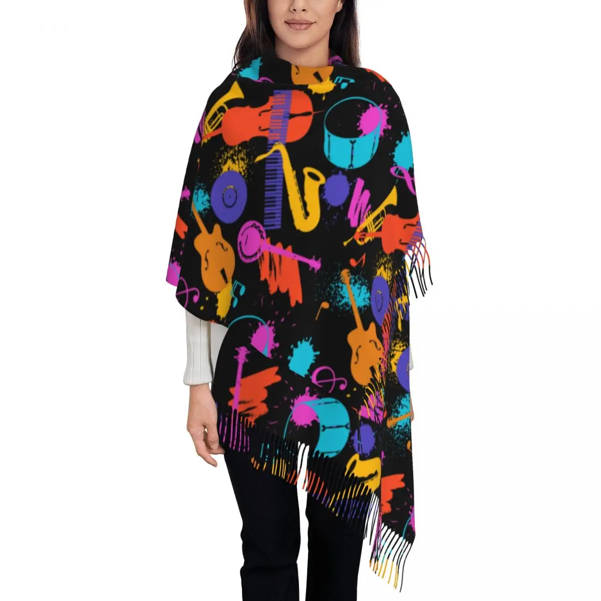 Custom Colorful Graffiti Musical Instrument Scarf Wrap Women Long ...