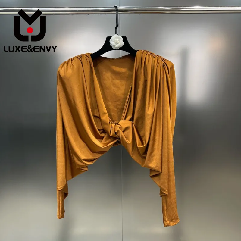 

LUXE&ENVY 2023 Autumn New Pleated Shirt Solid Color V Neck Long Sleeve All-match Blouses Comfortable Fabrics