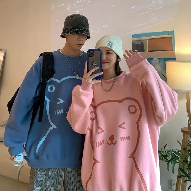 Fashion Cartoon Bear Couple Clothing Sweatshirts Harajuku Design Personalized Pullovers New Autumn Winter Loose O-Neck Warm Tops