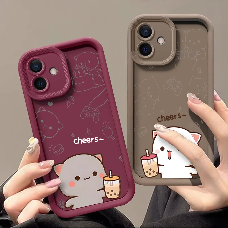 Cute Cartoon Peach Mochi Cat Couple Soft Case Cover