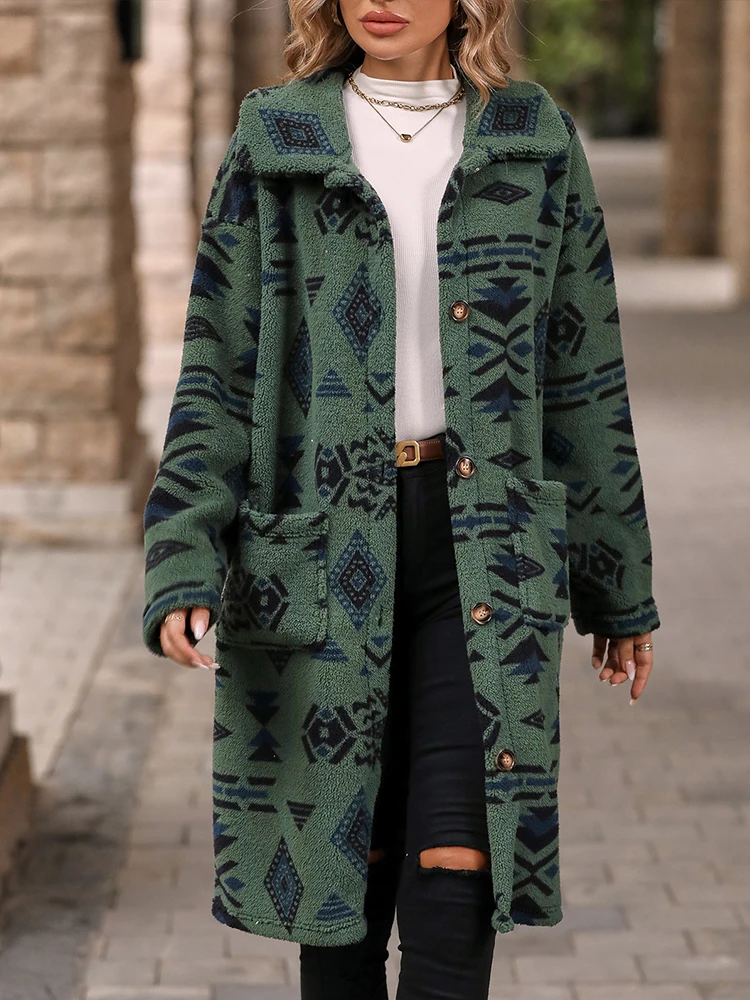 

Oversized Long Jacket Women Ethnic Style Vintage Geometric Print Coat Female Winter Casual Lapel Single Breasted Fleece Overcoat