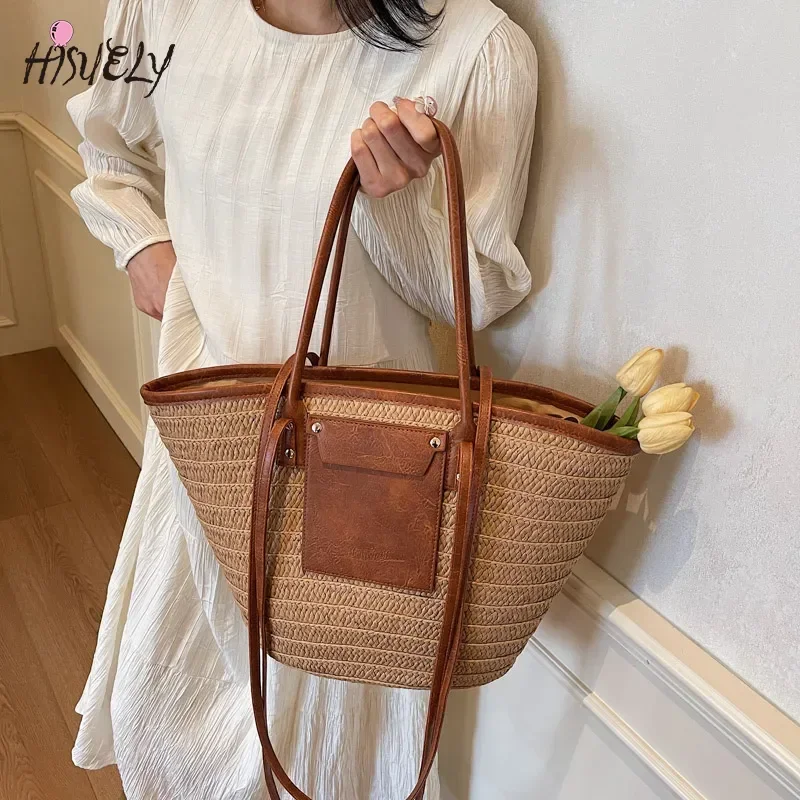 Borse tote con cerniera in tessuto di grande capacità per le donne 2026 Borse a tracolla da viaggio moda coreana estiva Borsa da spiaggia in paglia da donna - immagine 3