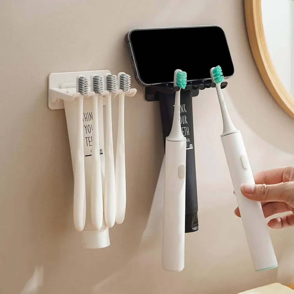 

Wall Mount Toothbrush Holder 5 Slots No Drill Adhesive Modern Multi-functional Phone Toothpaste Storage Organizer Rack