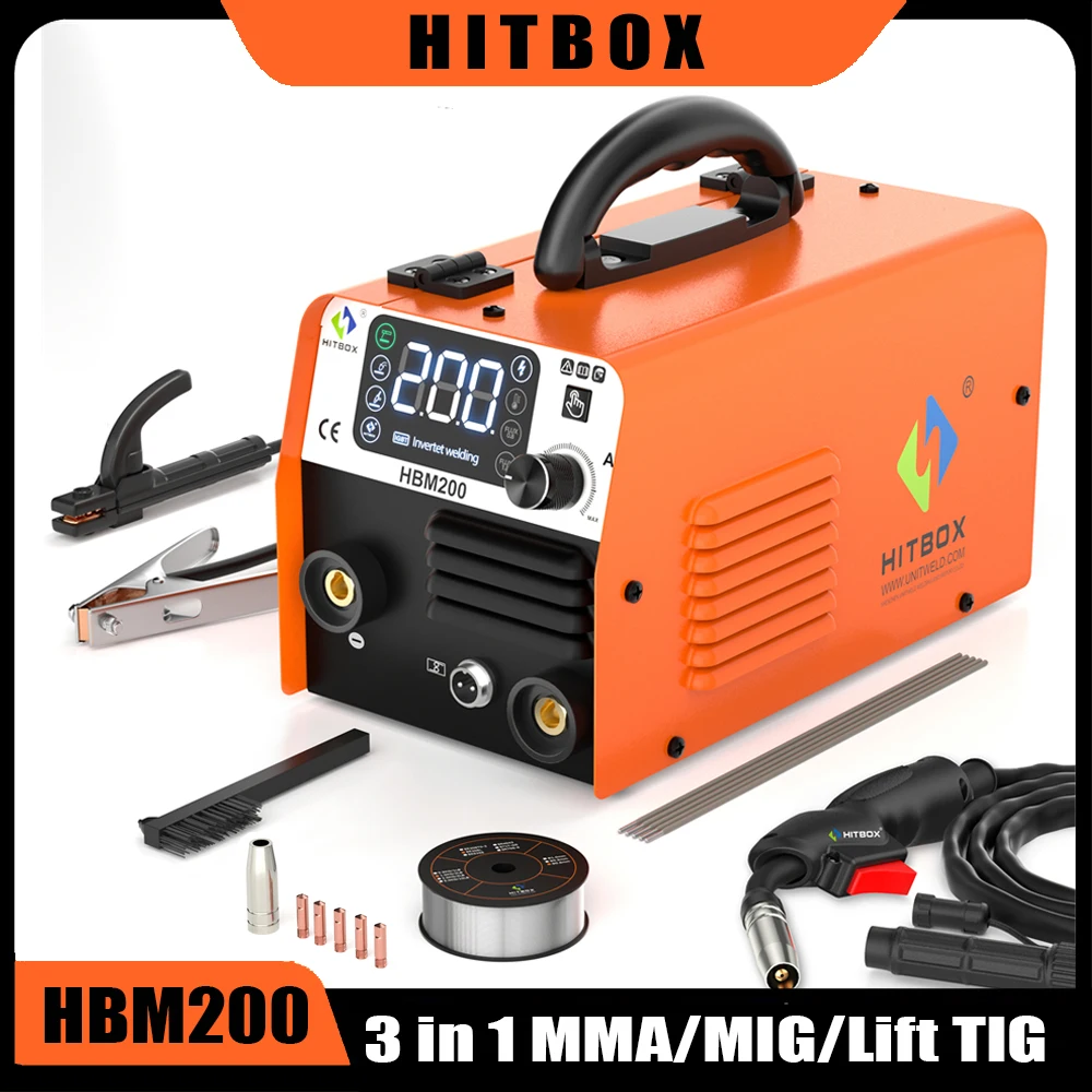 HITBOX HBM200 Semi-automatic Non Gas MIG Welding Machine 3 in 1 ARC/MIG/Lift TIG Portable Home Inverter Welder Synergy Tool