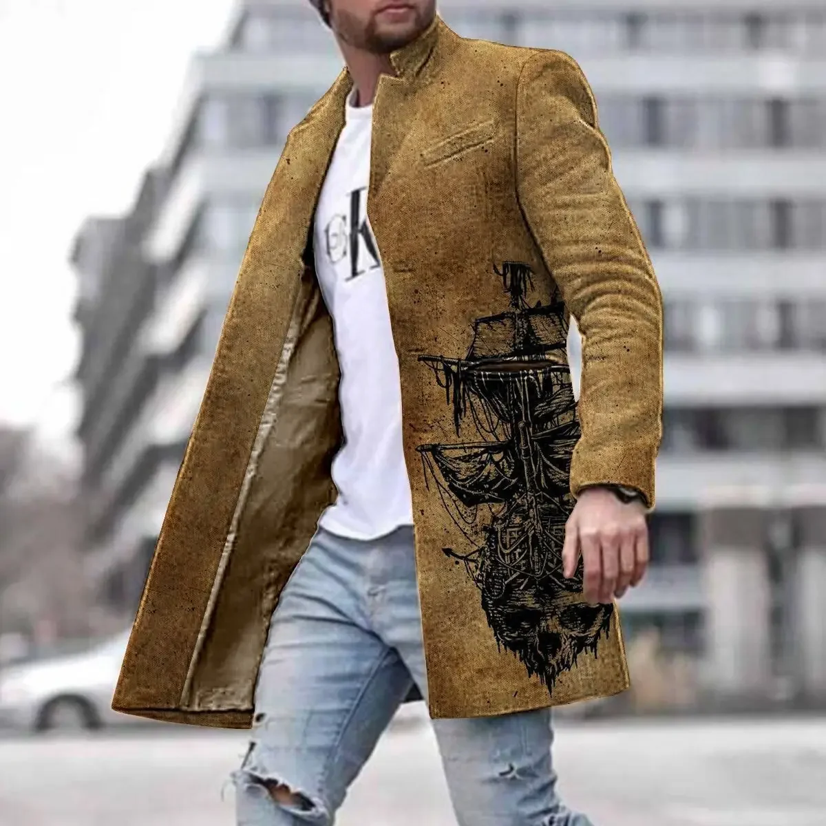 new spring print new men's street youth woolen stand collar medium length pocket casual coat trench coat men techwear