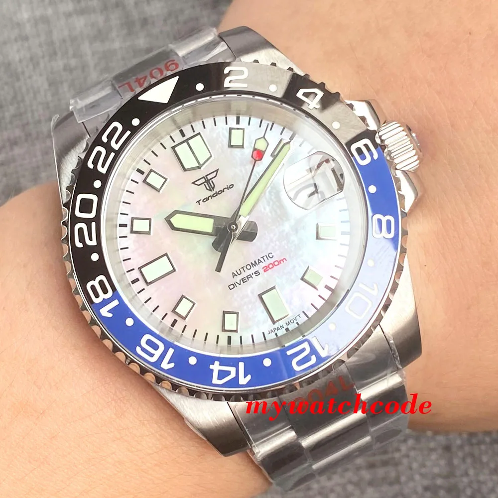 Tandorio NH35A White MOP Dial Sapphire Crystal 40mm Automatic Men Diving Wristwatch 200m Waterproof 120 Clicks Rotating Bezel