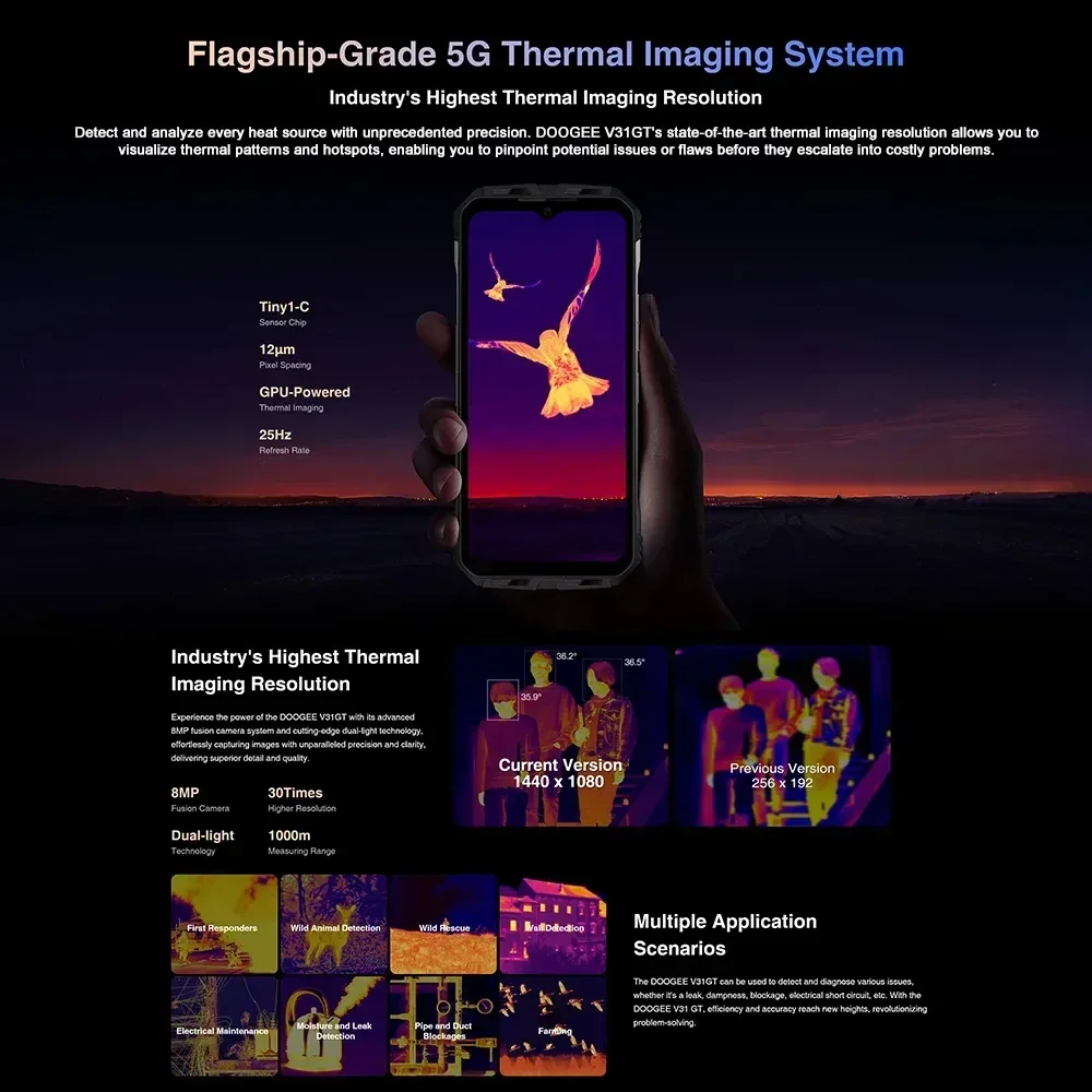 DOOGEE V31GT Rugged Smartphone Thermal Imaging  6.58 Inch FHD 12GB+256GB Phone Android 13.0 50MP 10800mAh Octa Core 5G Cellphone