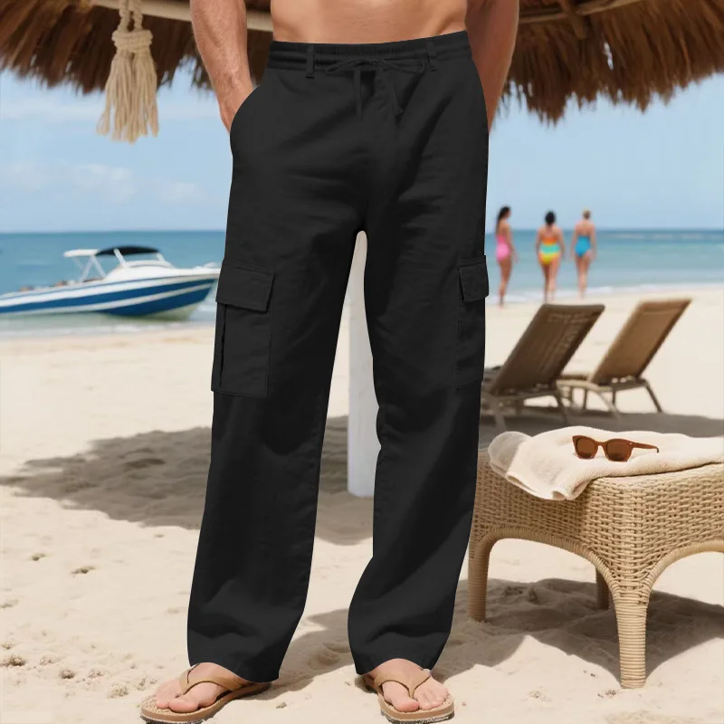 Men Beachwear Cargo Pants Elastic Waist Pocket Wide Leg