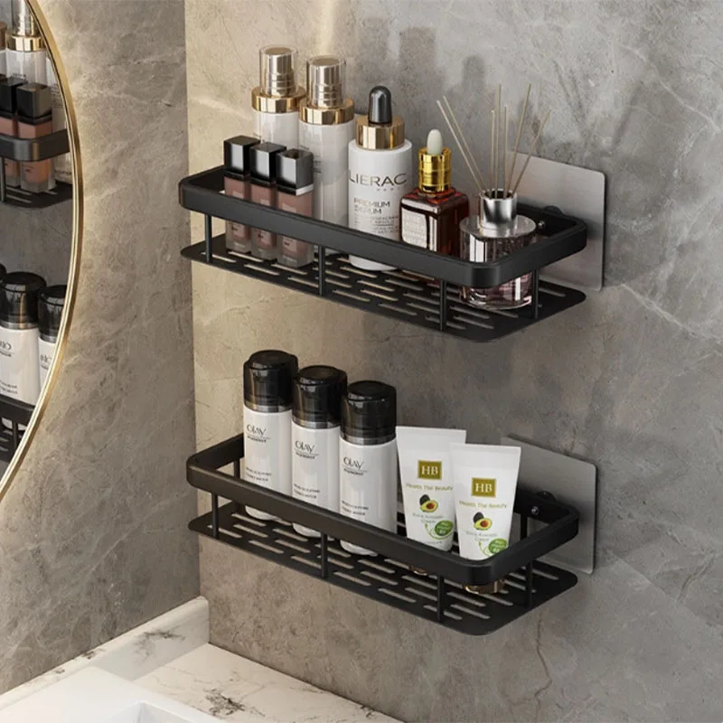 ชั้นเก็บของในห้องน้ำโดยไม่ต้องเจาะพื้นที่ห้องน้ำอลูมิเนียมมุมถ้วยดูดประเภทชั้นวางของสีดำสี่เหลี่ยม 1