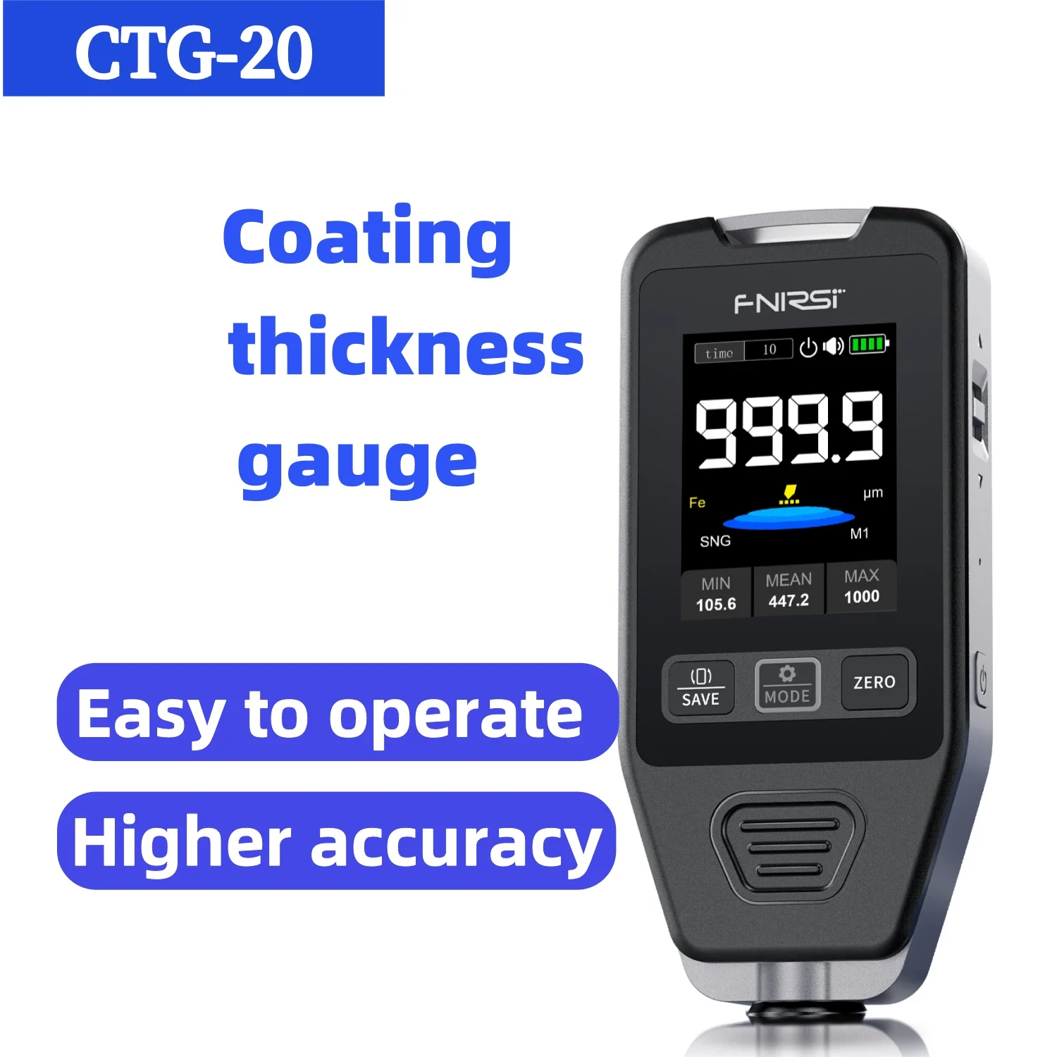 Car Paint Thickness Gauge Electroplate Metal & Putty Powder Coating Gauge for Automobile 0-1400um Fe/nfe Fe+Zn FNIRSI CTG-20