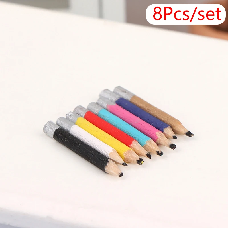 

8Pcs 1:6 Dollhouse Miniature Pen Mini Colored Pencil Model School Supplies Kids Pretend Play Toys Doll House Decor Accessories