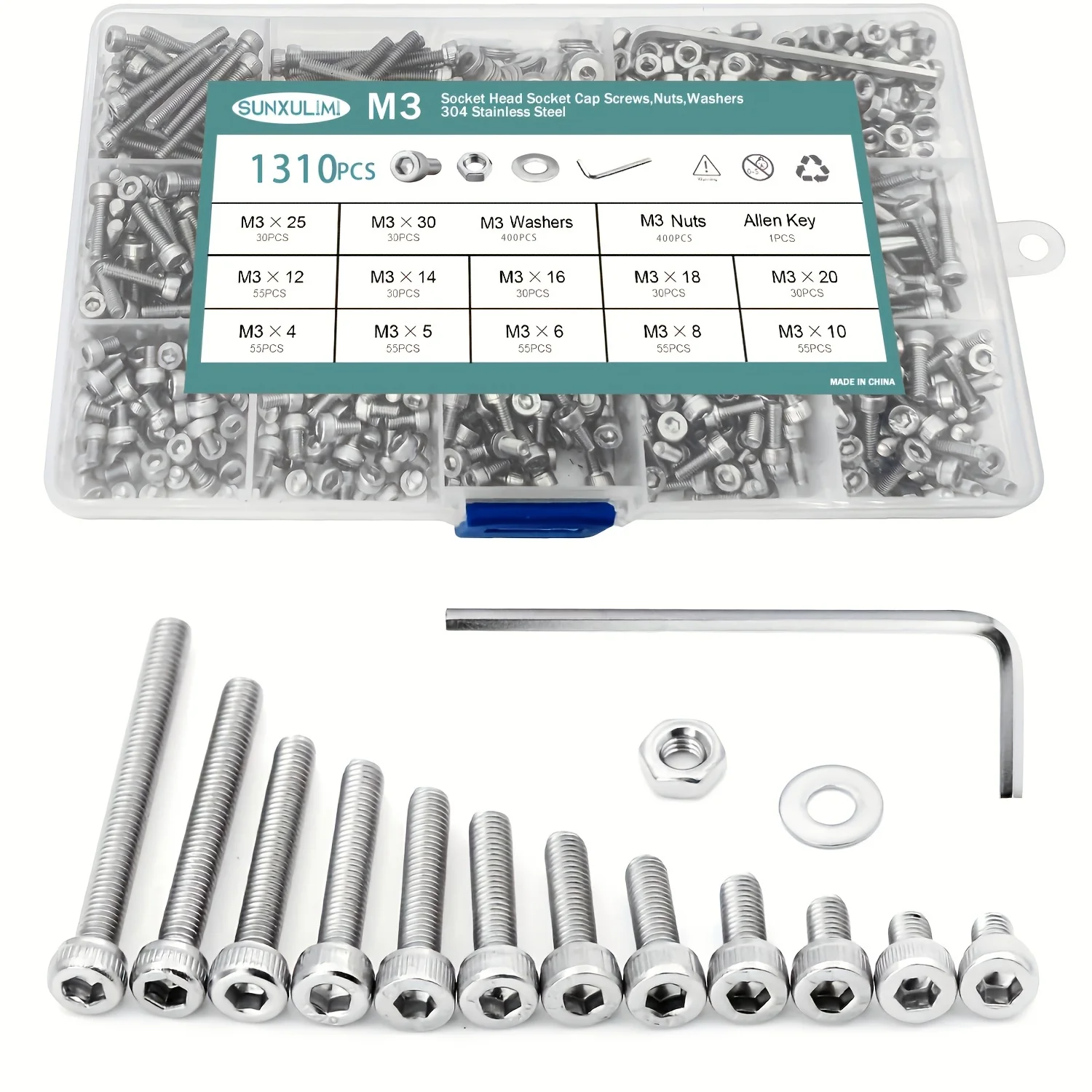 Hex Socket Head Cap Screws Bolts and Nuts Flat Washers Assortment Kit 304 Stainless Steel
