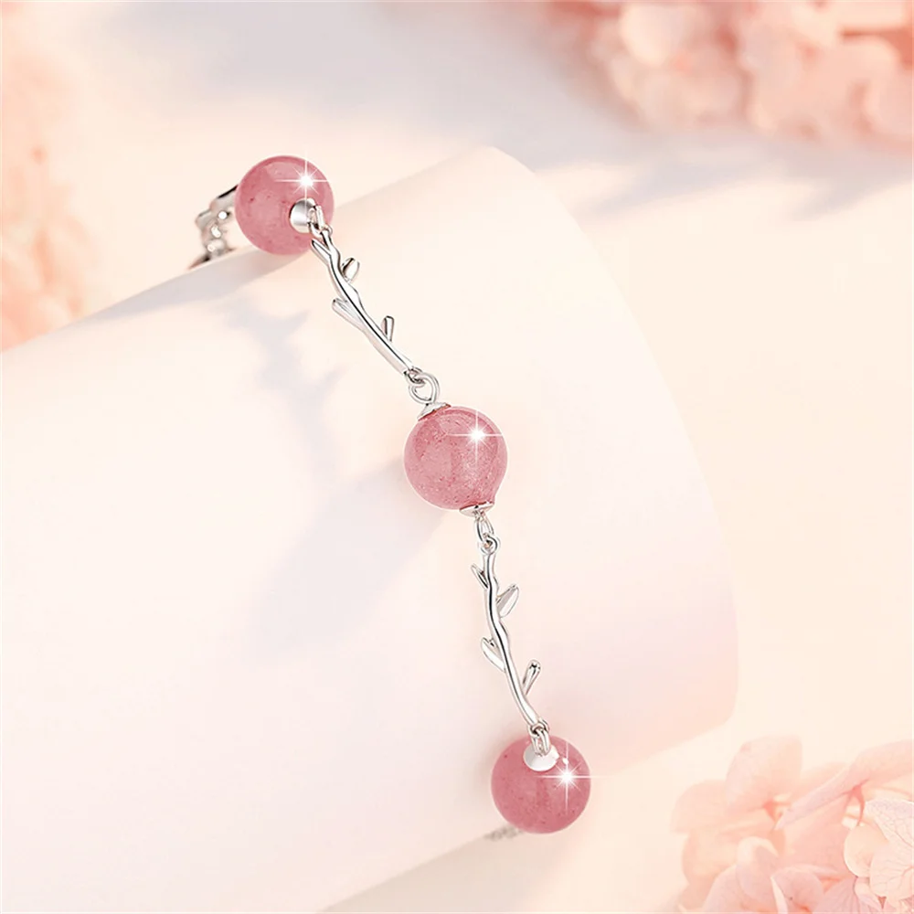 2024 Charm 925 Sterling Silver Fashion Pink Natural Bead Strawberry Crystal Chain Bud Bracelet For Women Classical Jewelry Gift