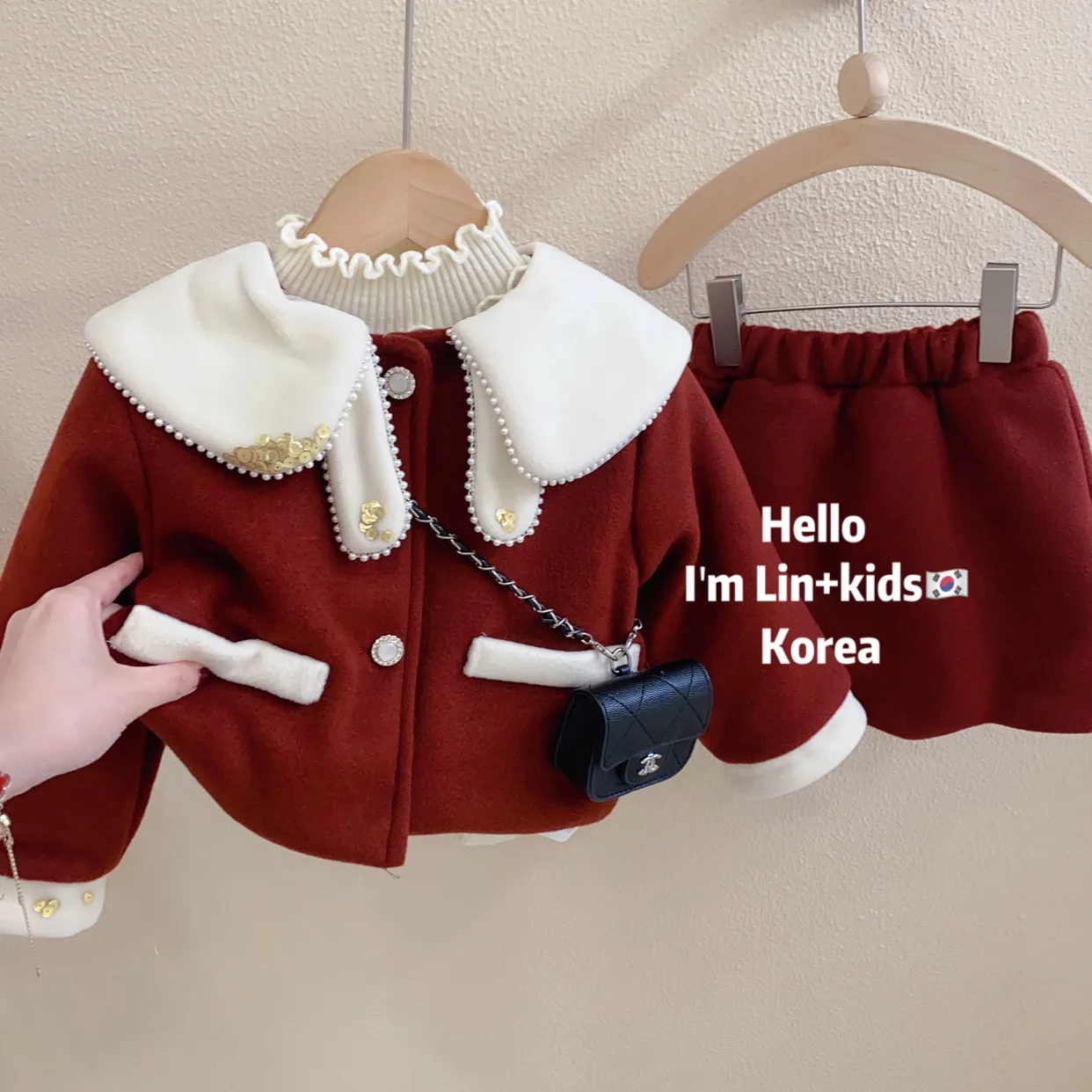 

Winter Kids Girls Woolen Suit Small Fragrance New Years Toddler Girls Coat Little Girl Short Skirt Cotton Clip Two Piece Set