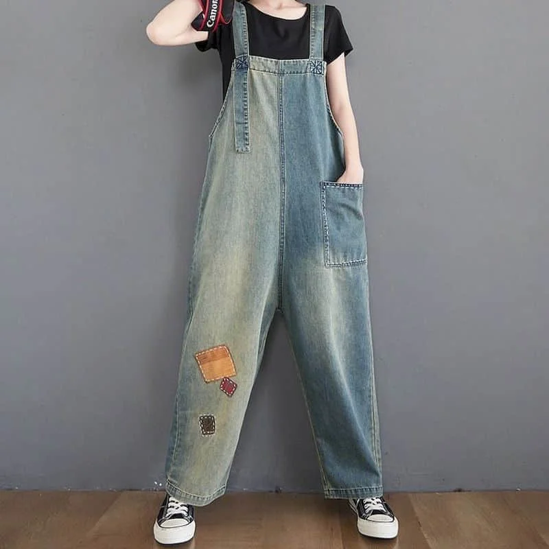 

Джинсовый комбинезон для женщин, винтажный комбинезон в Корейском стиле, повседневные свободные брюки с перекрестными штанинами, комбинезон большого размера для женщин, одежда