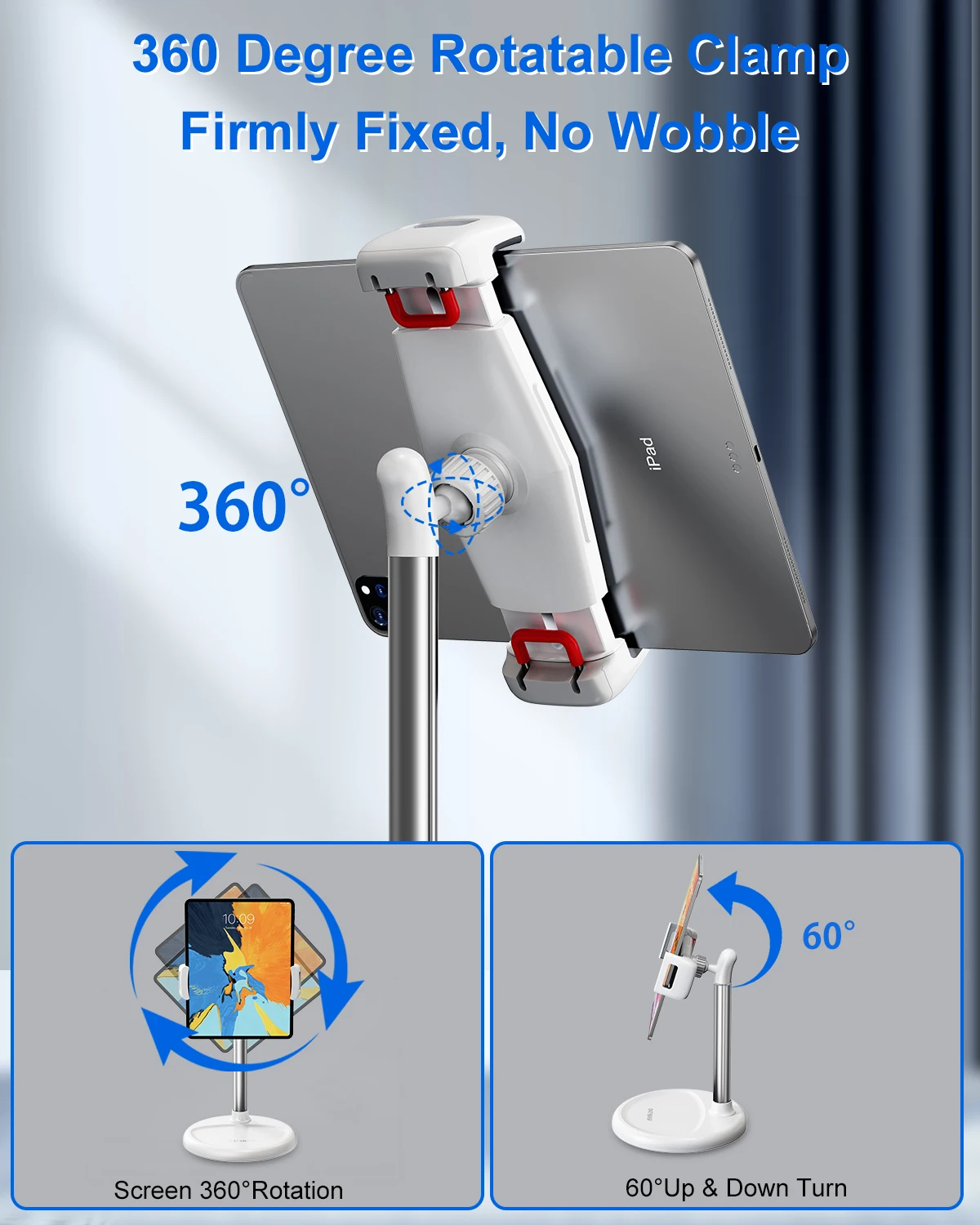 Eary Tablet Phone Floor Stand With 360 Rotatable Height Adjustment Non-Slip Stable Metal Base Phone Clip Holder Desk Accessories