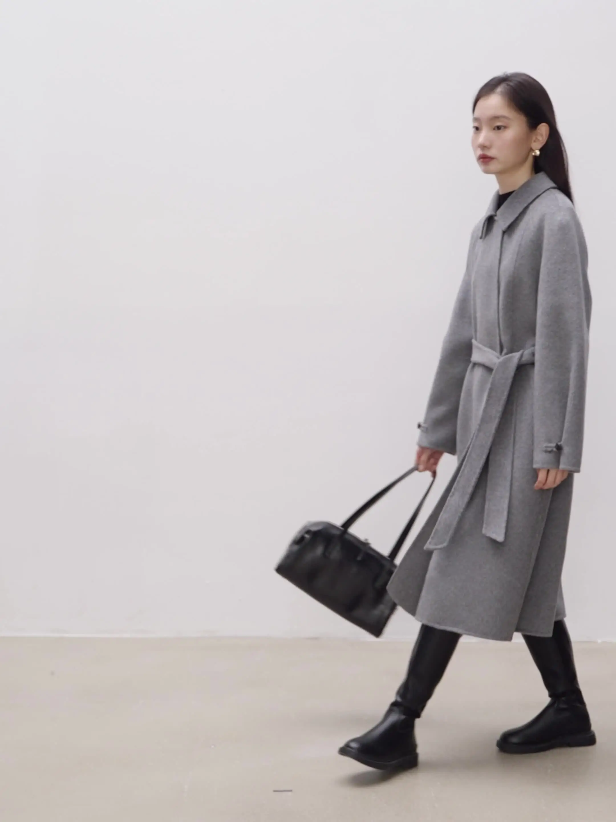 ZIQIAO Women 100% Wool Coats Winter Dark Grey Long Woolen Jackets