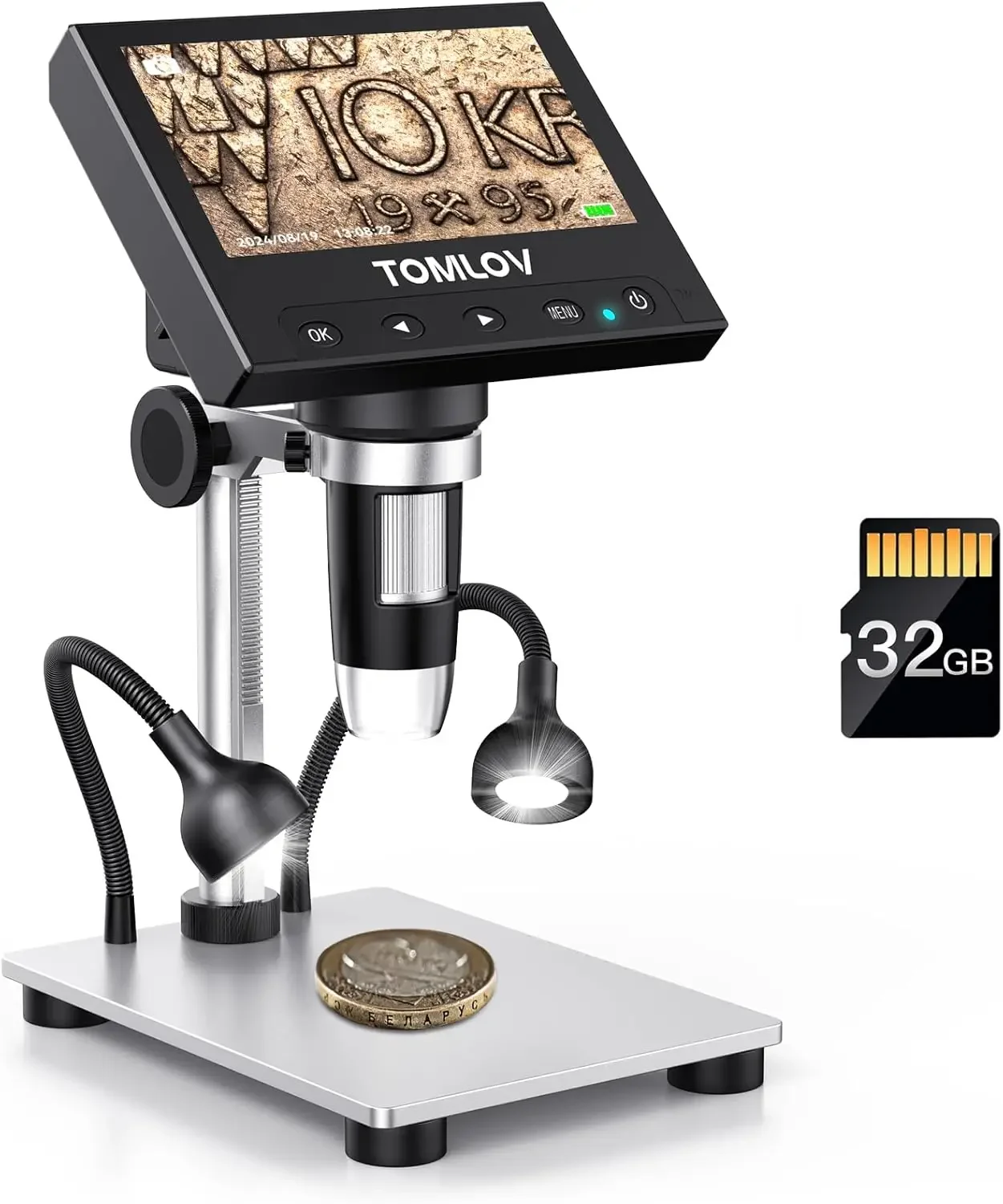 TOMLOV DM4S 1000배율 디지털 현미경 4.3인치 LCD 디스플레이 LED 금속 스탠드, 사진/비디오 카메라, SD 카드 슬롯 포함, 코인 PCB 수리용