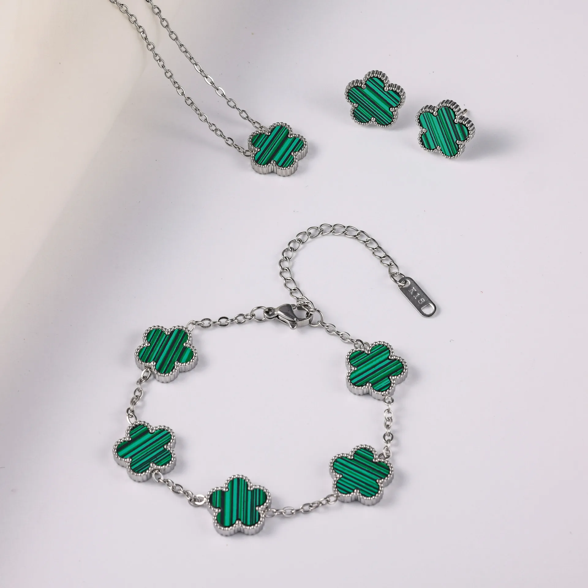 Silver Color Clover Jewelry Set for Women Stainless Steel Hypoallergenic Waterproof Flower Earrings Chain Necklace Bracelet New 6 Mallzona Sc3278a56014849308423f3f7e6093864g Silver Color Clover Jewelry Set for Women Stainless Steel Hypoallergenic Waterproof Flower Earrings Chain Necklace Bracelet New Mallzona