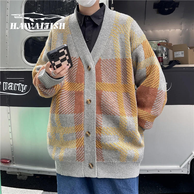 

HAWAIFISH Vintage Cardigan Oversized Sweater Men Pullover College Style Loose Knits Stripe Harajuku Men's Knitted Sweater