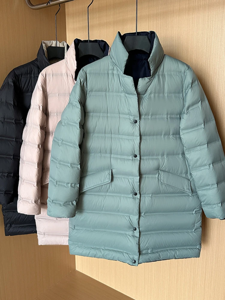 

Double Sided Down Jacket for Women Lightweight Long White Duck Down Coat Female Winter Casual Single Breasted Parkas Outwear