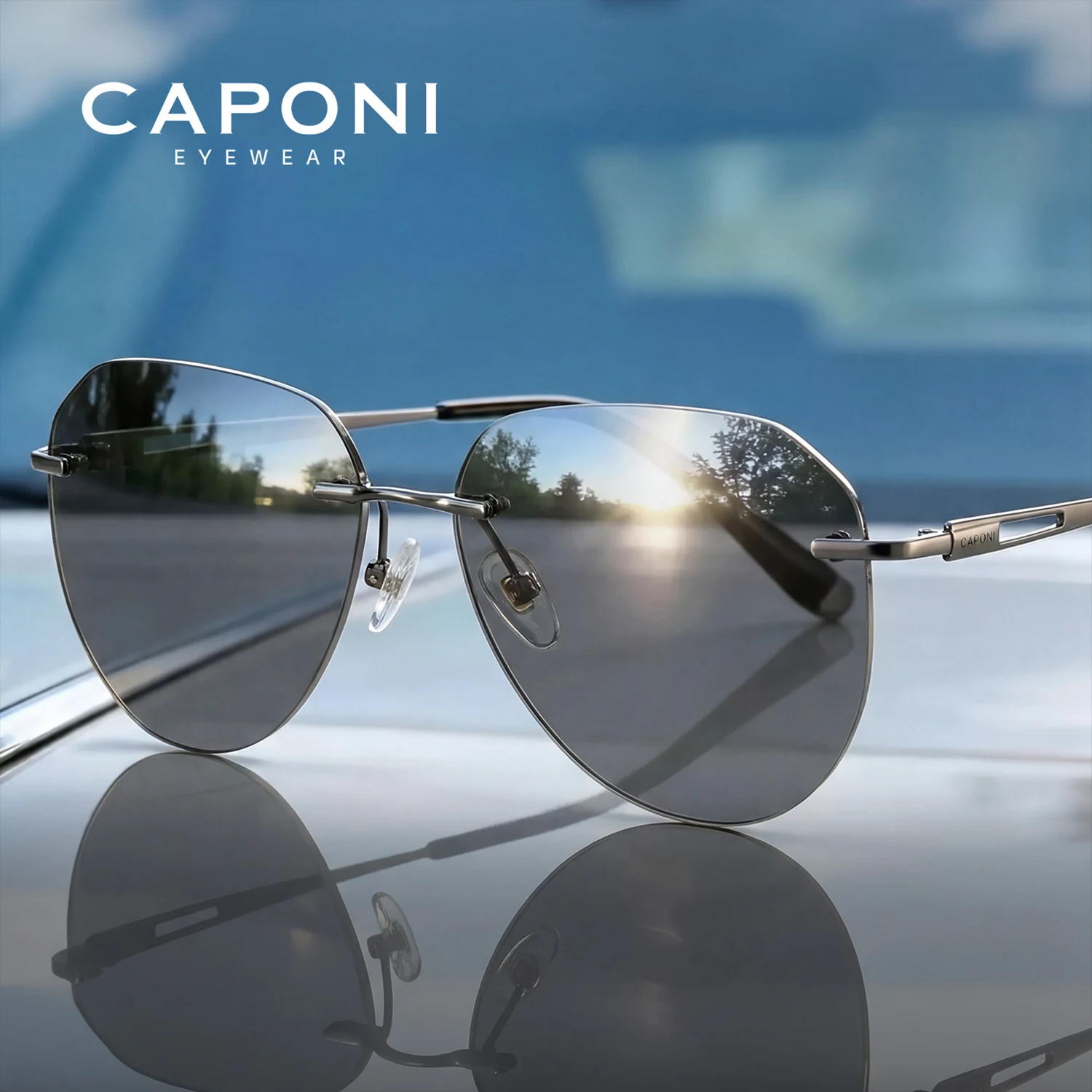 CAPONI Randlose männer Sonnenbrille Polarisierte Photochrome UV400 Outdoor Fahren Sonnenbrille Titan Legierung Mode Brillen BS22003