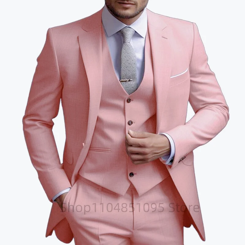 Men's Solid Color Slim Fit Formal Business Suit Wedding 3-Piece Set with Notch Lapel Blazer Vest And Trousers for Party Prom