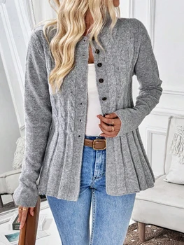 Women's simple solid color long sleeved cardigan knitted sweater for autumn and winter 1