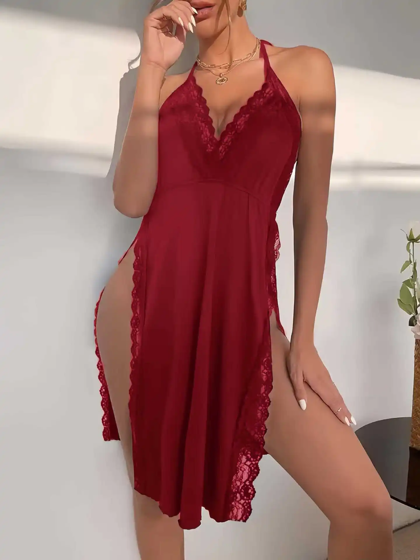Womens Sexy Lingerie Halter Backless High Slit Nightgown Deep V Neck Lace Trim Satin Babydoll Erotic Sleepwear Chemise Dress New