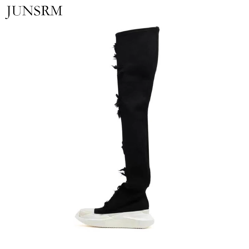 

Women Black Ragged Denim Pant Over The Knee Boots Thick Sole Increase Height Slip-on Boot Fashion Platform Splicing Casual Shoes