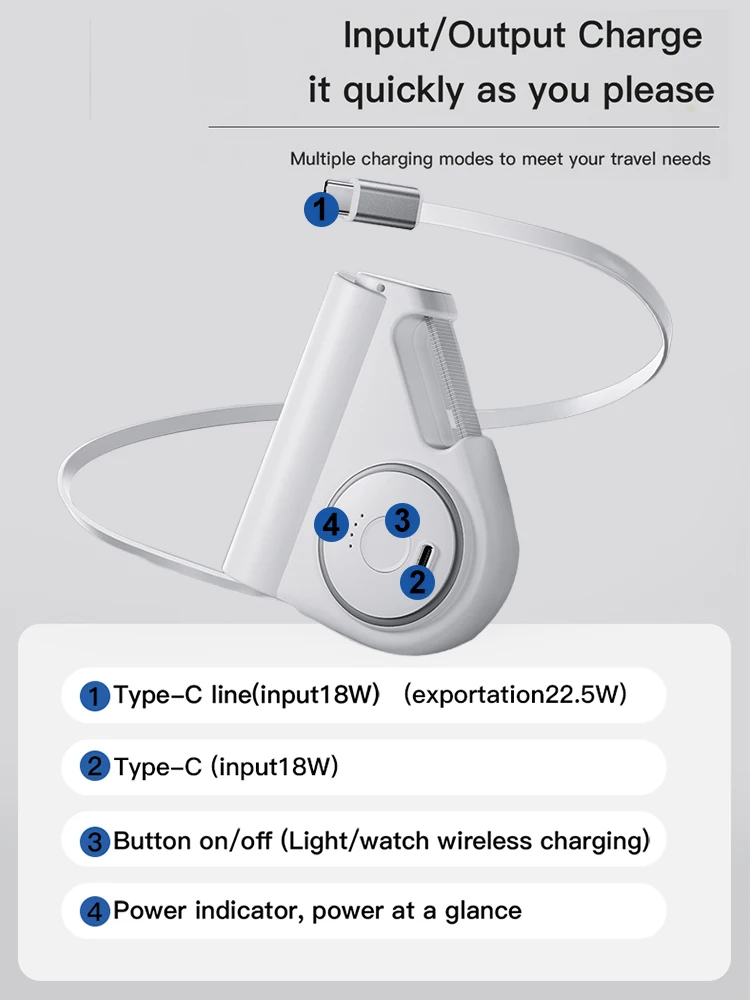 Outdoor portable 22.5W Power Bank with Retractable Fast Charging Cable, Mini Power Bank with Tape Measuring,Lighting Functio 6