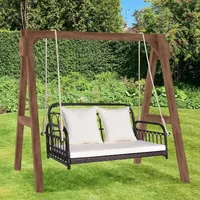 Wicker Porch Swing, 2-Person Outdoor Patio Hanging Chair with Cushions, Metal Frame, Hanging Swing Bench with Ropes 2
