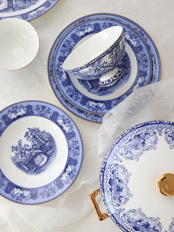 

European style palace blue and white gold painted bone china tableware set flat plate soup plate rice bowl soup pot fish plate