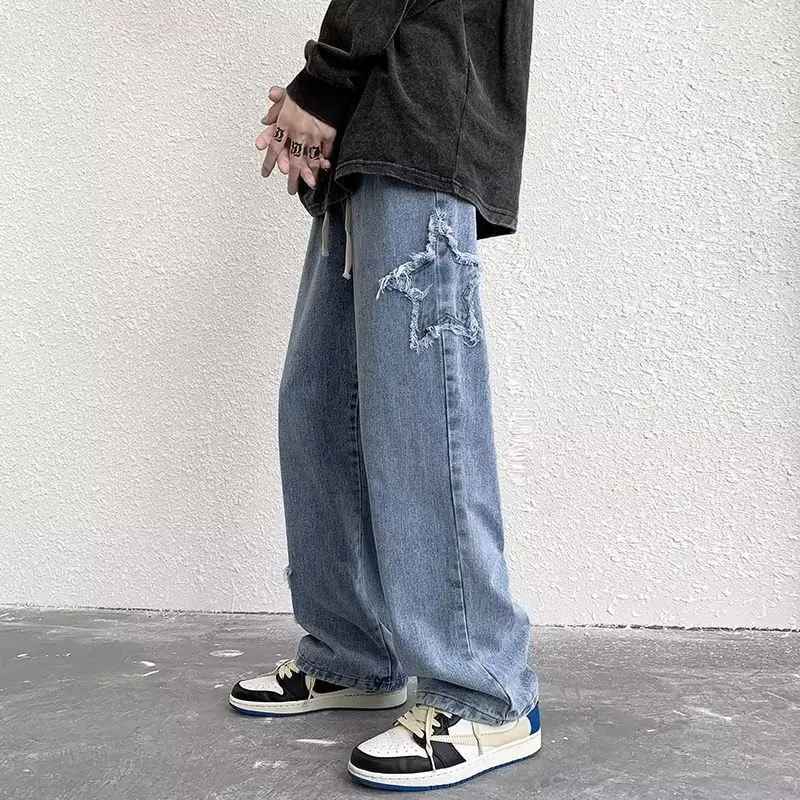 Fashion Casual Stars Towel Embroidery Baggy Men Jeans Pants Y2k Clothes Straight Hip Hop Cotton Trousers Pantalon Homme Men Jean