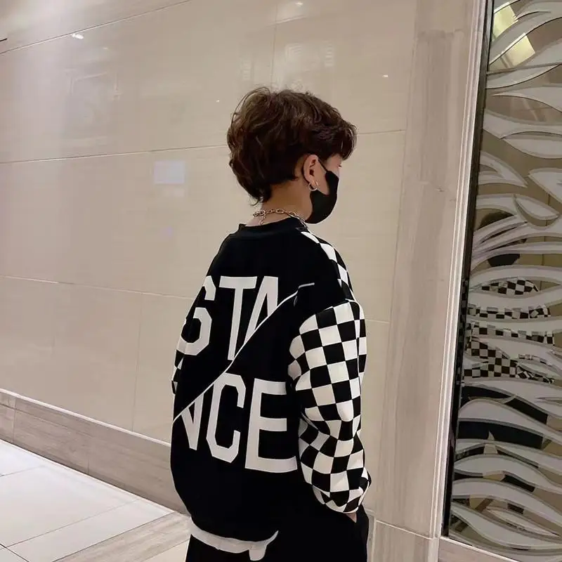 Boys Checkerboard Sweatshirts O-neck Pullover Long Sleeve T-shirts Autumn Loose 5-12 Years Old kids hoodie sweatshirts