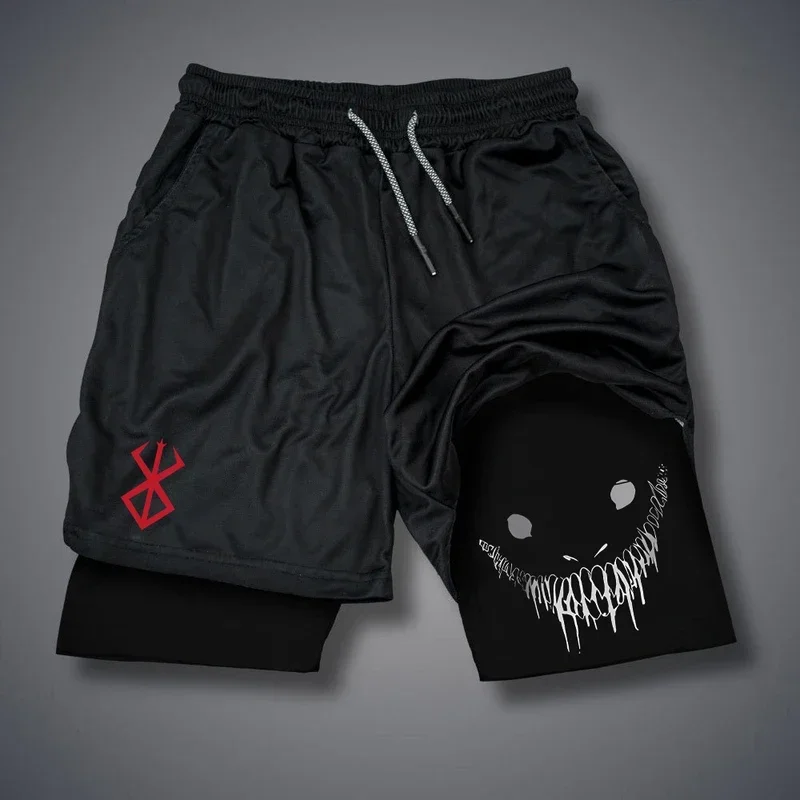 Summer Men Shorts Funny Graphic Print Running Fitness Gym Training Sport Shorts Quick Dry Workout Jogging Double Deck Shorts Man