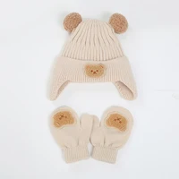 Cute Bear Pompom Baby Hats Gloves Set Cartoon Winter Knit Beanie and Mittens for Girls Boy Crochet Weather Caps Baby Accessories 4