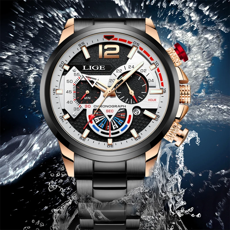

LIGE Top Brand Luxury Men Watch Casual Sport Watch For Men Military Stainless Steel Waterproof Date Clock Chronograph Wristwatch