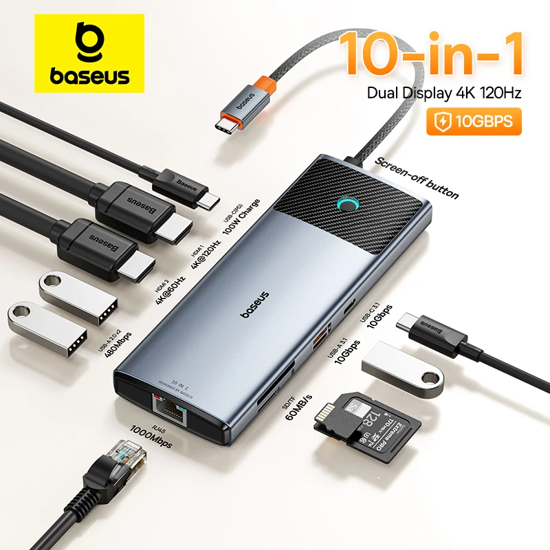 Baseus-hub Usb 4k 60hz Adaptador Duplo Compatível com Hdmi 10 em Splitter Rj45 Usb 3.1 pd 100w Hub tipo c para Macbook Pro Air